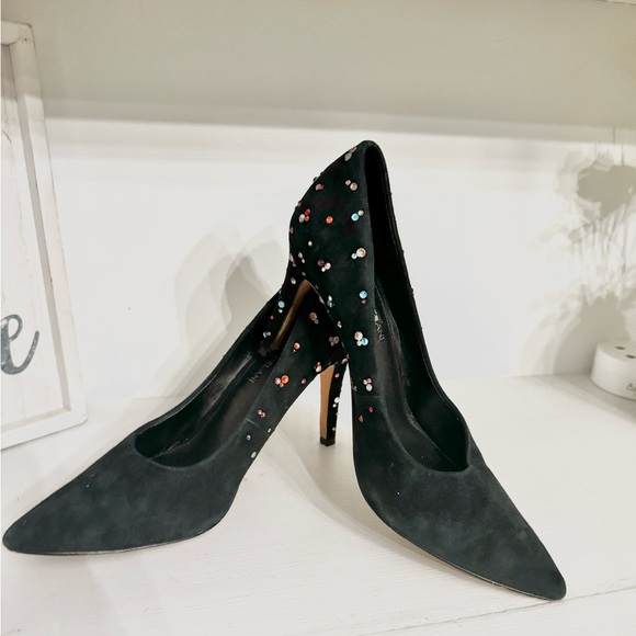 Dazzling ANTONIO MELANI "Moneka" Black Suede Heels Studded with Colorful Stones - Picture 2 of 9